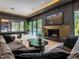 Living room with fireplace, pool table, comfortable seating, and pool view at 661 Manchester Dr, Raleigh, NC 27609