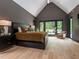 Primary bedroom featuring high ceilings, large windows, and modern furnishings at 661 Manchester Dr, Raleigh, NC 27609