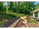 Beautifully landscaped backyard featuring raised garden beds and lush greenery at 105 Juniper Ct, Carrboro, NC 27510
