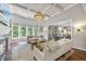 Open living area with hardwood floors, coffered ceilings, fireplace, and lots of natural light at 112 Roseberry Way, Holly Springs, NC 27540