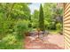 Charming brick patio with outdoor seating, surrounded by mature landscaping at 313 Helmsdale Dr, Chapel Hill, NC 27517