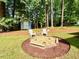 Spacious backyard featuring a sandbox, two chairs, and a small shed at 5021 Lansdowne Dr, Durham, NC 27712