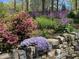 Landscaped backyard featuring colorful flowers, green plants, rock wall, and lush trees at 606 Chalice St, Durham, NC 27705