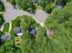 Overhead shot of a home nestled in a verdant, mature neighborhood with tree-lined streets and manicured lawns at 640 St Vincent Dr, Holly Springs, NC 27540