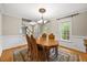Dining room showcasing hardwood floors, a classic chandelier, and a view of the staircase at 640 St Vincent Dr, Holly Springs, NC 27540