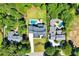 Aerial view of a neighborhood showcasing a home with a pool and spacious lawn, nestled among mature trees at 1209 Briar Patch Ln, Raleigh, NC 27615
