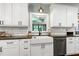 Kitchen features subway tile, white cabinets, stainless steel dishwasher, and a farmhouse sink at 168 E Deer, Apex, NC 27523