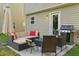 Cozy patio with comfortable seating, a grill, and a shade umbrella for relaxing outdoor gatherings at 4108 Lady Slipper Ln, Durham, NC 27704