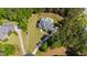 Expansive aerial view showcases a luxury home with a pool nestled within lush greenery and landscaped grounds at 6 Castlewood Dr, Durham, NC 27713