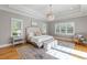 Spacious main bedroom with hardwood floors, plantation shutters, and a stylish chandelier at 6 Castlewood Dr, Durham, NC 27713