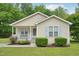 Charming one-story home with light-yellow siding, blue shutters, a cozy porch, and lovely landscaping at 6904 Fox Haven Pl, Raleigh, NC 27616