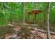Mature, wooded backyard area featuring a unique treehouse, creating a playful and adventurous outdoor space at 8232 Glynmorgan Way, Chapel Hill, NC 27516