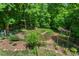 Landscaped backyard with beautiful garden beds, mature trees, and a tranquil setting at 8232 Glynmorgan Way, Chapel Hill, NC 27516