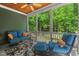 Inviting screened porch featuring wood ceilings, comfortable seating, and serene views of lush greenery at 8232 Glynmorgan Way, Chapel Hill, NC 27516