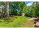 Spacious backyard featuring mature trees, a play area, and a shed, offering ample space for recreation at 8613 Swarthmore Dr, Raleigh, NC 27615
