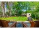 Beautiful backyard featuring a patio with seating and well maintained yard at 8613 Swarthmore Dr, Raleigh, NC 27615
