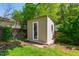 Backyard storage shed with a clean design, perfect for storing tools and equipment, set in a grassy yard at 8613 Swarthmore Dr, Raleigh, NC 27615