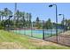 Community tennis court with lighting, surrounded by trees, and well-maintained fencing at 1033 Cuthbert Ln, Durham, NC 27703