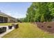 Beautiful backyard with a large, well-maintained lawn, mature trees, and a stone patio, perfect for relaxation at 1129 Santa Cruz St, Wake Forest, NC 27587