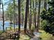 Picturesque lake view featuring a picnic table and swing, with a wooden boardwalk at 11813 Edgewater Ct, Raleigh, NC 27614