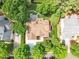 An aerial view showcases the roof, driveway, and landscaping of this home, nestled among lush trees at 1225 Fanning Dr, Wake Forest, NC 27587