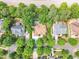 Aerial view of home in a lushly landscaped neighborhood, featuring mature trees and well-maintained yards at 1225 Fanning Dr, Wake Forest, NC 27587