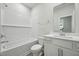 Bright bathroom featuring a shower and bath combination with subway tile surround and a white vanity with modern fixtures at 1730 Pie Filling Dr, Haw River, NC 27258