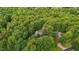 Drone shot of the house in wooded setting surrounded by a canopy of lush, mature trees at 2917 Kesler Trl, Mebane, NC 27302