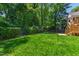 Lush backyard featuring a well-maintained lawn and mature trees for privacy and a peaceful outdoor setting at 3028 Rothgeb Dr, Raleigh, NC 27609