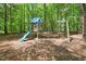 A wooden playground structure with swings and a slide, surrounded by lush trees at 3201 Keighley Forest Dr, Wake Forest, NC 27587