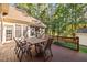 Expansive wood back deck with dining table, overlooking the wooded backyard of the property at 39 Forked Pine Ct, Chapel Hill, NC 27517
