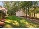 Outdoor storage shed in a grassy backyard surrounded by mature trees and natural light at 39 Forked Pine Ct, Chapel Hill, NC 27517