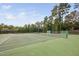 Well-maintained tennis court surrounded by lush greenery, perfect for recreational activities at 39 Forked Pine Ct, Chapel Hill, NC 27517