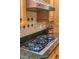 Close-up of a stainless Viking cooktop and matching vent hood, with granite countertops and diamond tile backsplash at 412 Bowen Rd, Rougemont, NC 27572