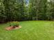 A well-manicured backyard features a large, green lawn and mature trees at 4505 Wood Valley Dr, Raleigh, NC 27613