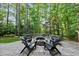Backyard fire pit area with chairs and a brick patio surrounded by privacy trees at 5217 Roswellcrest Ct, Apex, NC 27539