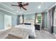 Relaxing main bedroom with tray ceiling, neutral color scheme, and multiple large windows at 5217 Roswellcrest Ct, Apex, NC 27539