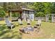 Outdoor patio with a stone fire pit, Adirondack chairs, and a charming playhouse in the backyard provides a relaxing space at 7227 Cleveland Rd Rd, Clayton, NC 27520