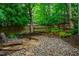 Backyard oasis with stone patio, lounge chairs, landscaping, and a wood perimeter fence at 8 Wexford Dr, Durham, NC 27713