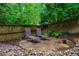 Stone patio featuring two lounge chairs, lush landscaping, and a wood perimeter fence at 8 Wexford Dr, Durham, NC 27713