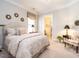 Bedroom featuring neutral colors, a patterned bedspread, and an ensuite bathroom at 8461 Lentic Ct, Raleigh, NC 27615