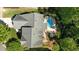 An aerial shot of a well maintained home with a pool, patio, and lush landscaping at 8724 Deerland Grove Dr, Raleigh, NC 27615