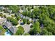 Aerial view of a neighborhood showcasing lush greenery and well-maintained homes in a serene setting at 8724 Deerland Grove Dr, Raleigh, NC 27615