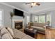 Comfortable living room with a fireplace, hardwood floors, and ample seating, perfect for relaxation at 8724 Deerland Grove Dr, Raleigh, NC 27615