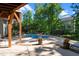 Inviting backyard pool area with lounge chairs and green foliage offers a serene outdoor retreat at 8724 Deerland Grove Dr, Raleigh, NC 27615