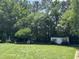 Spacious backyard with lush green grass, mature trees, storage shed, and swing set at 95 Live Oak Dr, Louisburg, NC 27549