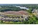 Aerial view showcasing the neighborhood's proximity to a lake, surrounded by green trees at 1042 Cardross St, Burlington, NC 27215
