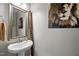 Stylish powder room with a pedestal sink, a framed mirror, and modern decor at 1103 Capstone Dr, Durham, NC 27713