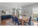 Formal dining room with wood table, blue chairs, stylish rug, and decorative blue console at 1401 Everette Fields Rd, Morrisville, NC 27560
