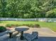 View of the expansive, fenced backyard featuring a stone picnic table at 1509 Logan St, Durham, NC 27704